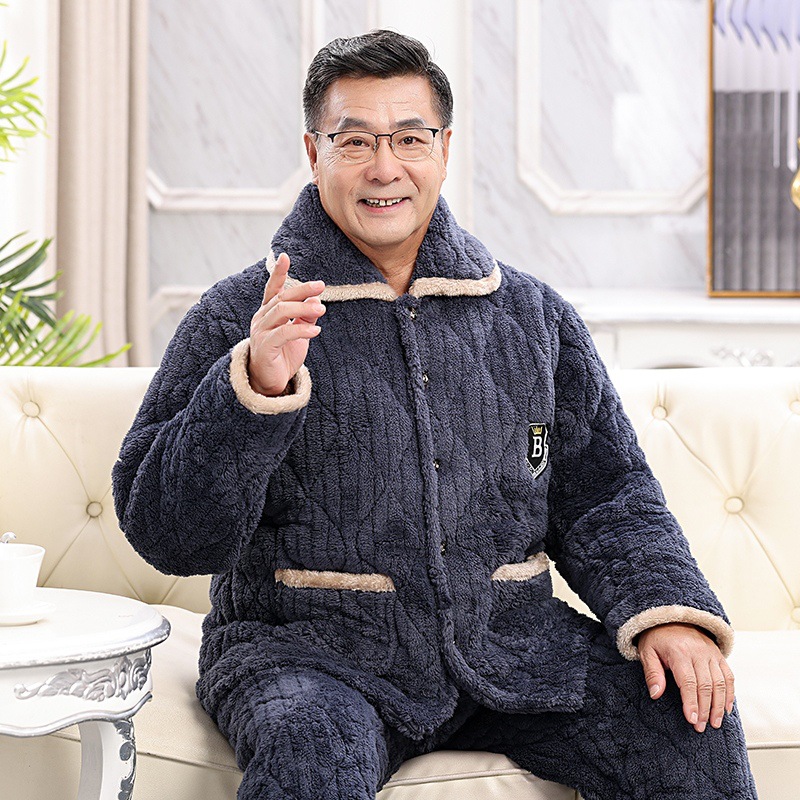 冬季男士睡衣三层加厚加绒珊瑚绒夹棉袄保暖中老年爸爸家居服套装