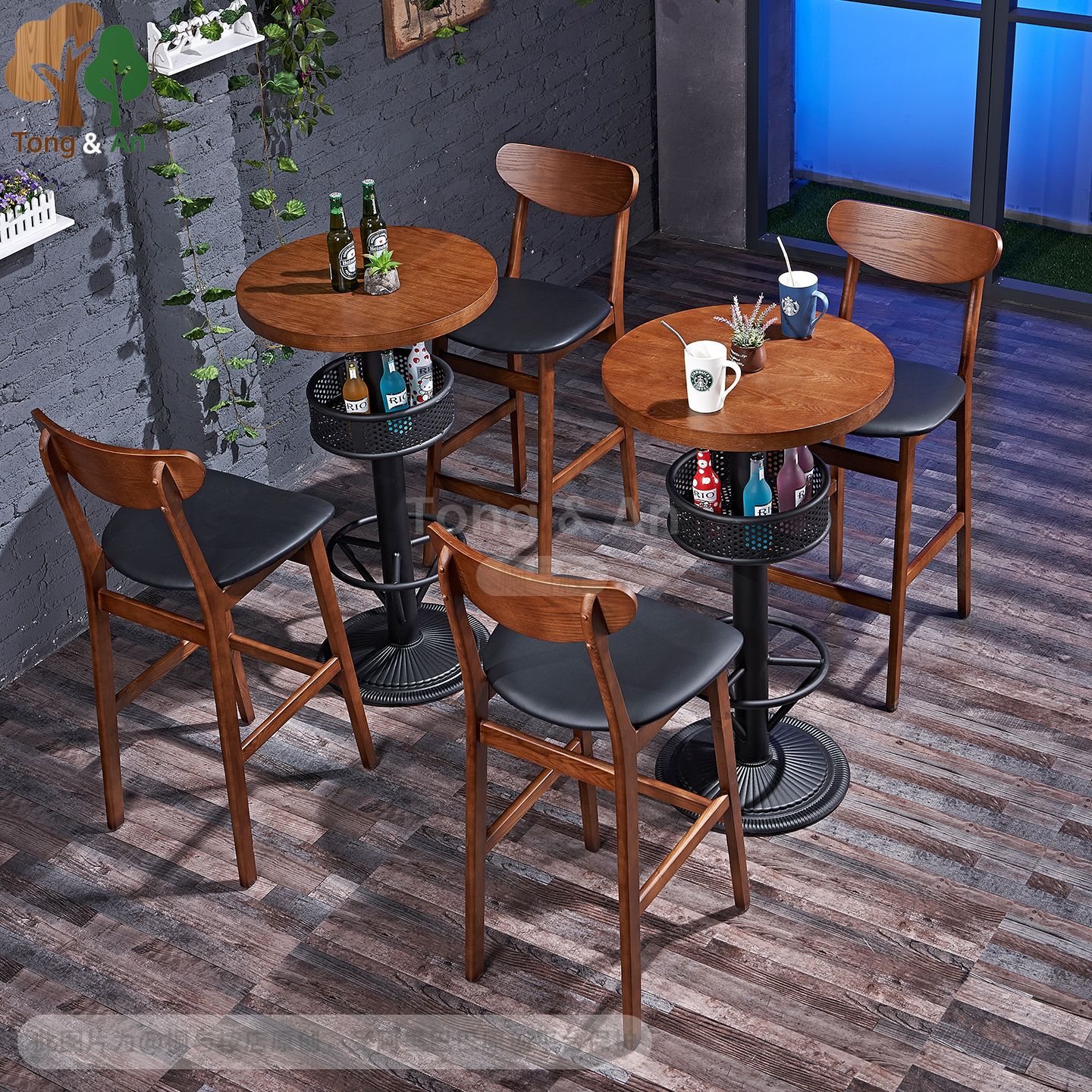 Solid Wood Commercial Restaurant Bar Chair Bar Commune Clear Bar Leisure Bar Stool High Stool Cafe Milk Tea Shop Table and Chairs