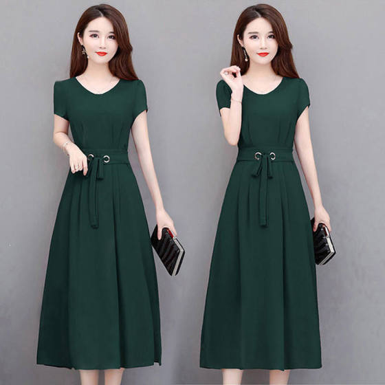 Plus-Size Women's Dress 2025 Short-Sleeve Mid-Length Over-The-Knee Long Dress with Belt, Slim-Fit A-Line Dress