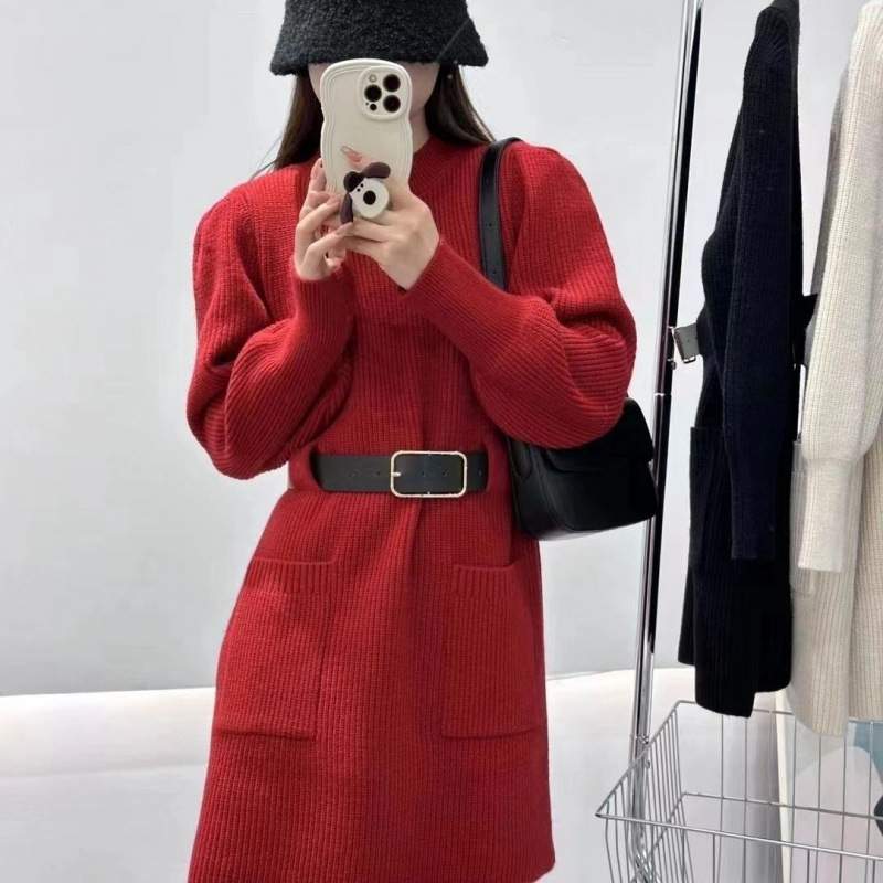 法式温柔富家千金风针织连衣裙女秋冬季配大衣中长款打底毛衣裙子|undefined