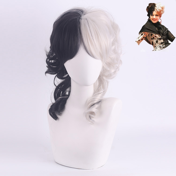 演出游玩cos假发  Cruella de Vil 库伊拉 黑白魔女拼色小短卷发|undefined