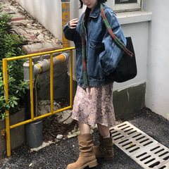 复古北欧中古感/水洗牛仔肌理翻立领撞色廓形感飞行员夹克外套女