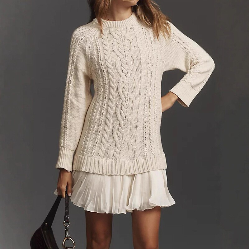 2025 European and American Style Cross-Border Amazon Autumn and Winter Round Neck Pure Color Long-Sleeved Sweater Casual Knitted Splicing Skirt for Women 2025 European and American Style Cross-Border Amazon Autumn and Winter Round Neck Pure Color Long-Sleeved Sweater Casual Knitted Splicing Skirt for Women