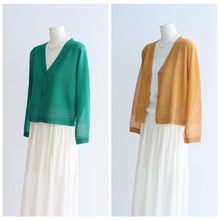 下摆镂空干爽仿亚麻针织衫开衫夏季V领短款空调衫复古文艺外搭女