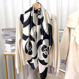 经典黑白茶花真丝大方巾110cm素绉缎桑蚕丝丝巾披肩优雅女士易搭