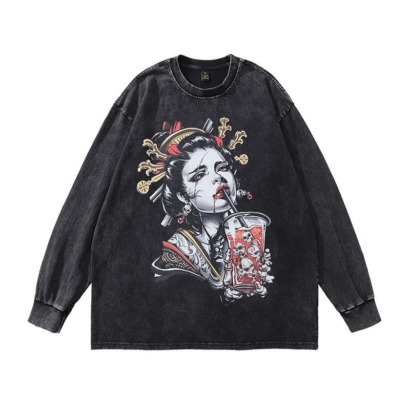 TKPA Harajuku Japanese Ukiyo-e retro print vintage long-sleeved T-shirts for men and women ins street fashion brand base