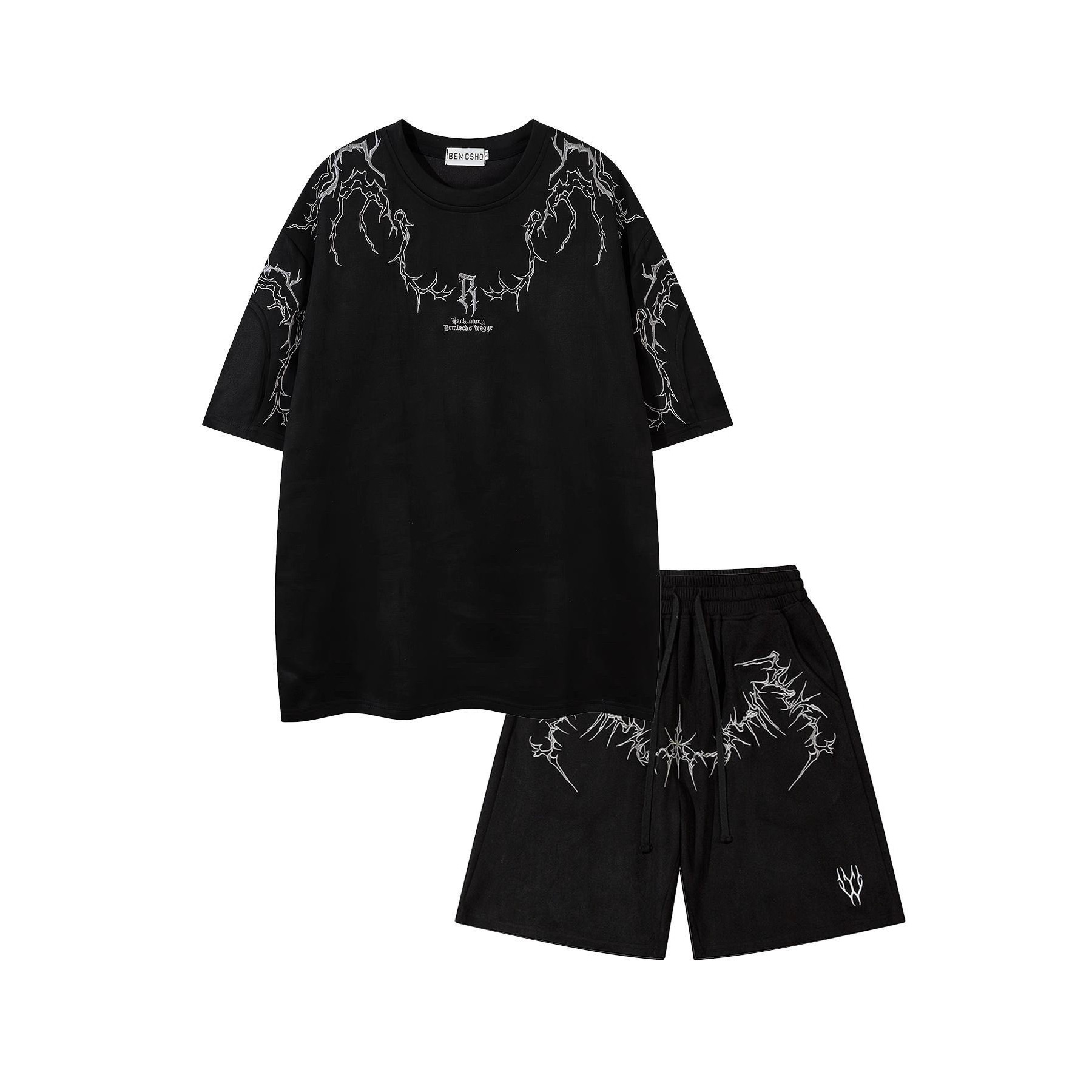 美式街头潮牌T恤男夏季暗黑系荆棘数码印花短袖套装