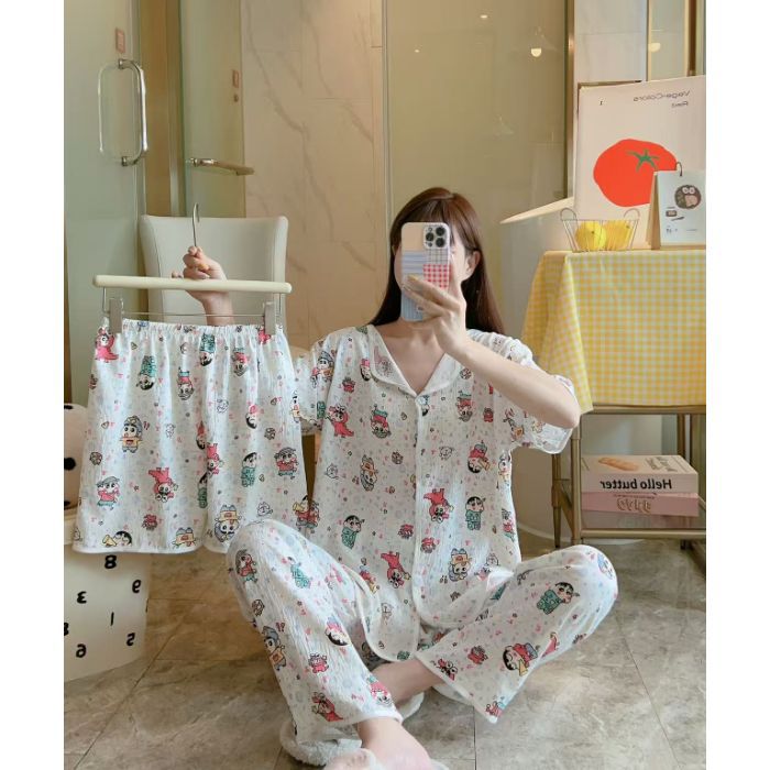 Cardigan transfronterizo al por mayor, pantalones de manga corta, pantalones cortos, pijamas de mujer de tres piezas, servicio a domicilio de solapa pequeña de verano