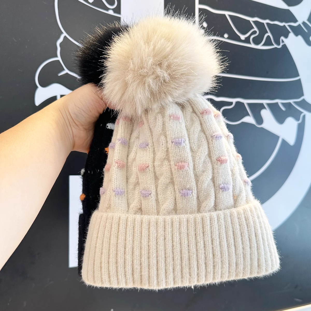 Cappello invernale da uomo e da donna in lana, caldo, spesso, con fodera in pile, alla moda, versatile, all'ingrosso, a pois, in maglia jacquard._voghion.com