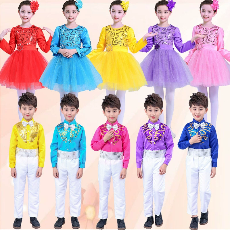 Детское праздничное платье для выступлений на Новый год Платье для хора для мальчиков и девочек Платье с блестками Платье принцессы пушистое Марлевое Платье для танцевального выступления