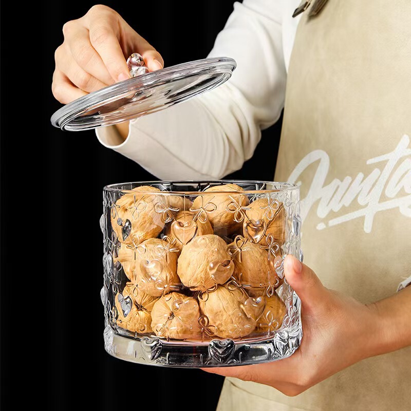 European-style embossed candy jar high-value glass storage jar with lid cotton swab box love snack storage jar wholesale