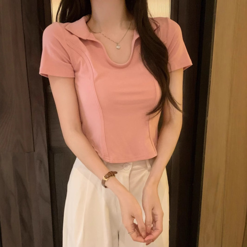 Summer women's short-sleeve T-shirt with a turn-down collar—tight, sweet, spicy, and irresistibly chic; perfect for curvy figures in an American style, designed as a short, figure-flattering layering piece.