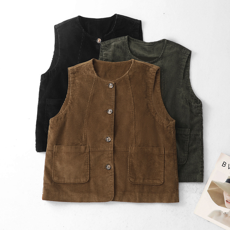 Round-neck corduroy vest for women, loose and versatile, vintage artistic style, double-pocket corduroy sleeveless top