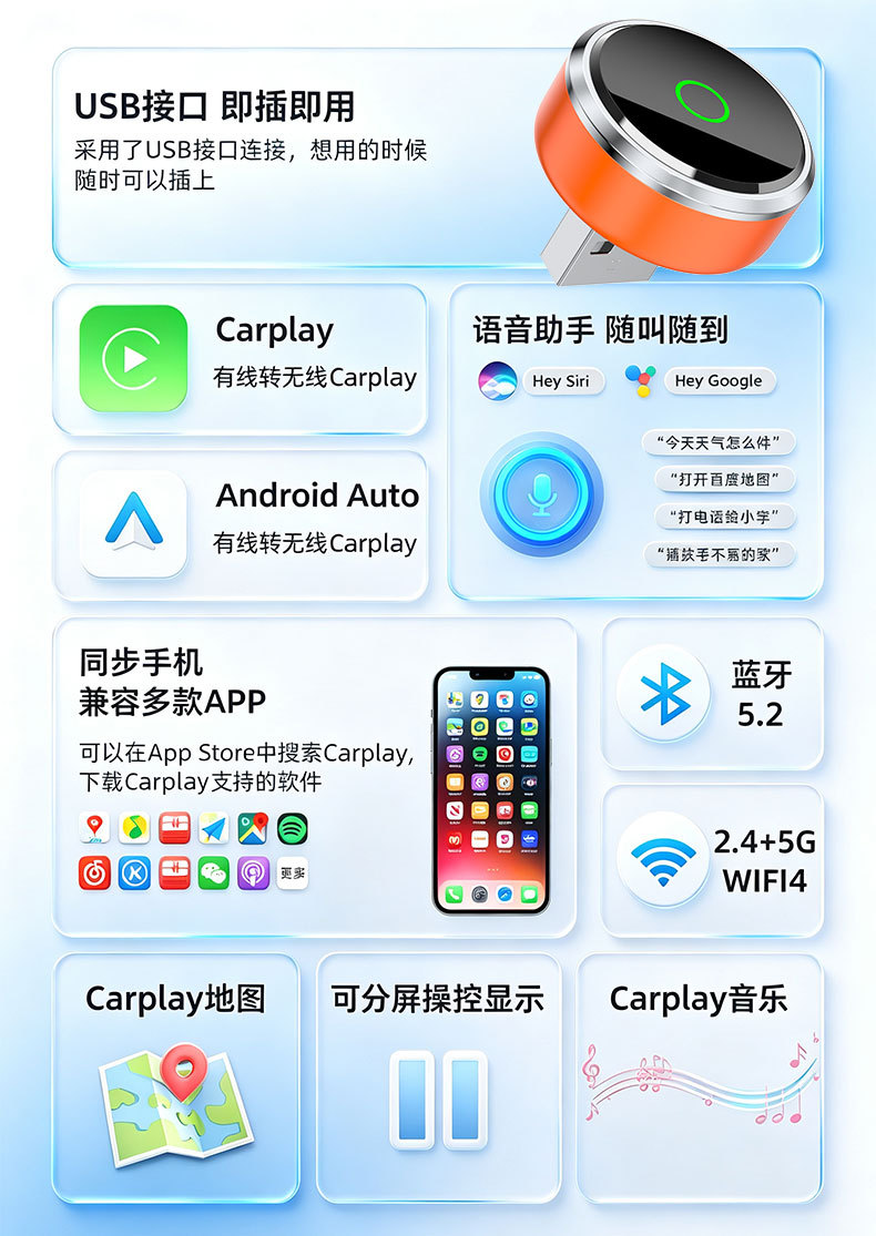 Car wireless Carplay 2-in-1 Android Auto car navigation wireless car box HD screen mirroring device