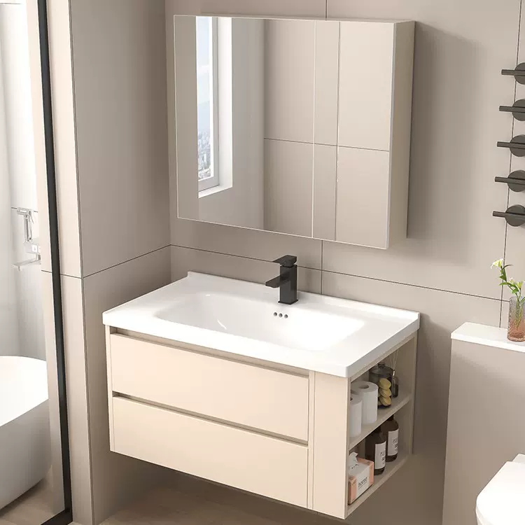马桶柜侧边收纳浴室柜双抽屉陶瓷一体卫生间挂墙式全镜洗漱台组合
