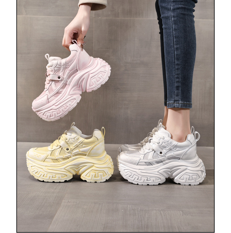 Giày sneaker nữ đế dày tăng chiều cao lưới thoáng khí phong cách daddy — Bạc trắng chi tiết 16