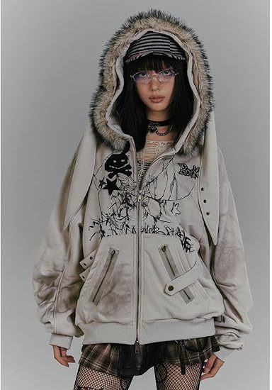 Autumn Winter Season American Street Style Fur Collar Rabbit Ear Zipper Hooded Sweatshirt Jacket Y2K Print Women's Top_voghion.com