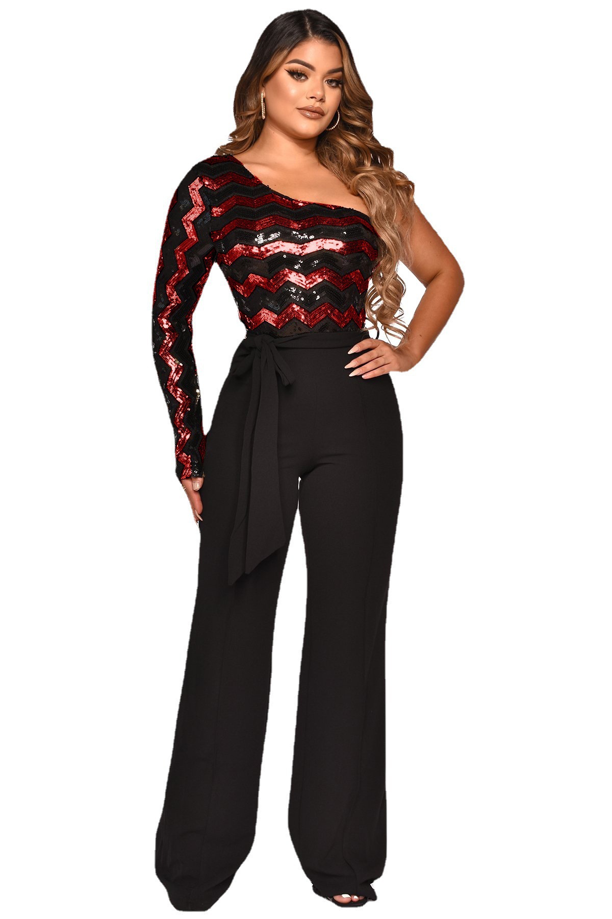 Contrast Color Sequins Stitching Single-Sleeve Top Wide-Leg Pants Set NSNJD113885