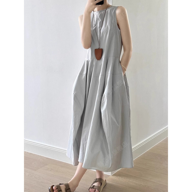 Original practice + zipper] Korean round neck large skirt vest skirt loose design sense temperament sleeveless dress
