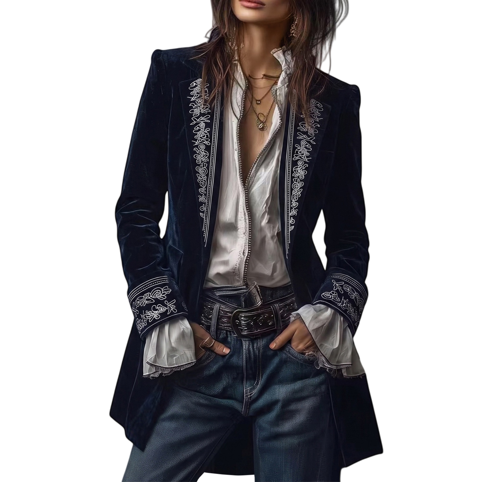 European and American cross-border palace-style retro velvet jacket with floral embroidery, a mid-length, fitted, and slimming suit with a notched lapel