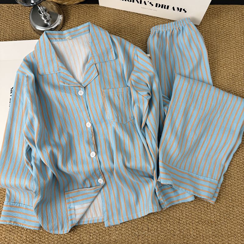 Coreano simple contraste rayas pijamas mujeres 2026 nuevo verano relajado pantalones largos de manga larga ropa para el hogar dos piezas