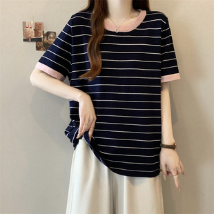 Plus Size Summer Fat Girl Korean Style Round Neck Stripesd Short-Sleeved T-Shirt Design Loose Knitted Top
