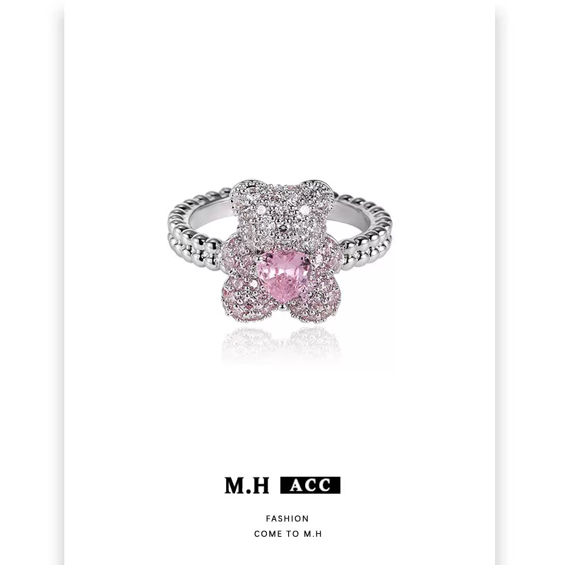 可爱粉色小熊镶锆戒指女时尚精致甜酷风高级感气质独特开口食指戒