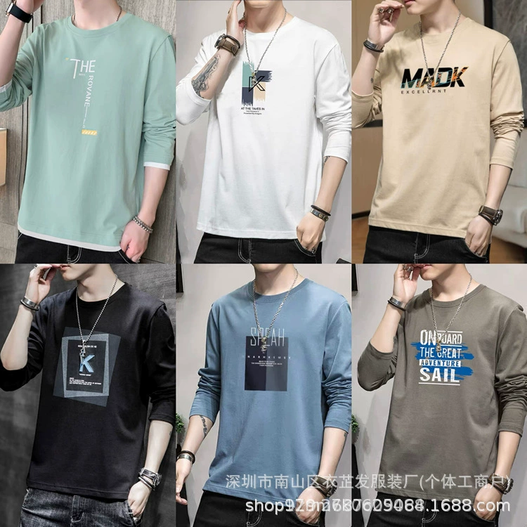 2024 Trbottomyy весенне-осенняя футболка в корейском стиле, мужская рубашка с длинными рукавами и принтом, 5 юаней, молодежная уличная одежда с круглым вырезом