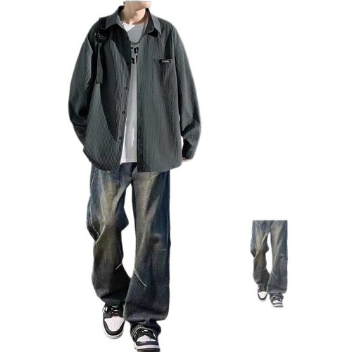 Casual Honeycomb Shirt Student Set Streetwear Long-Sleeve Top for Men High-End Style Set for Spring and Autumn Outerwear