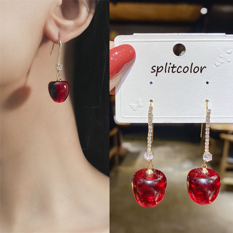 the republic of korea 2021 new pattern fashion Sweet Red Cherry personality Sense of design ear hook temperament Earrings Earrings