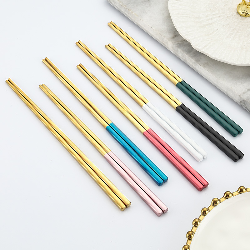 Estilo nacional de moda 304 palillos de acero inoxidable vajilla chapado en oro colorido hogar hotel una persona palillos traje caja de regalo al por mayor