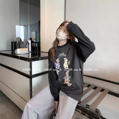 ADER卡通兔子插肩拼接长袖T恤女2025宽松潮牌上衣打底衫百搭款
