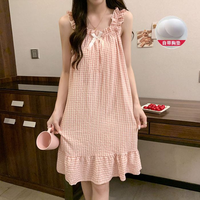 Venta al por mayor transfronteriza nuevo estilo verano honda almohadilla para el pecho pijama mujer lindo dulce y cómodo paño arrugado burbuja camisón de longitud media