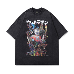 TKPA Harajuku spoof cartoon printed wash and old small neckline short-sleeved T-shirt for men and women street fashion brand vintage tee