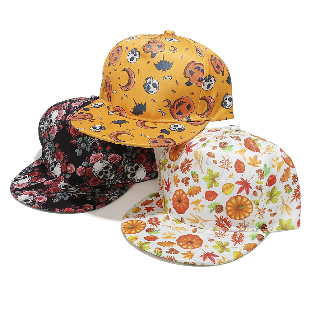 平沿棒球帽欧美个性嘻哈帽夏季遮阳帽骷髅头幽灵南瓜棒球帽万圣节