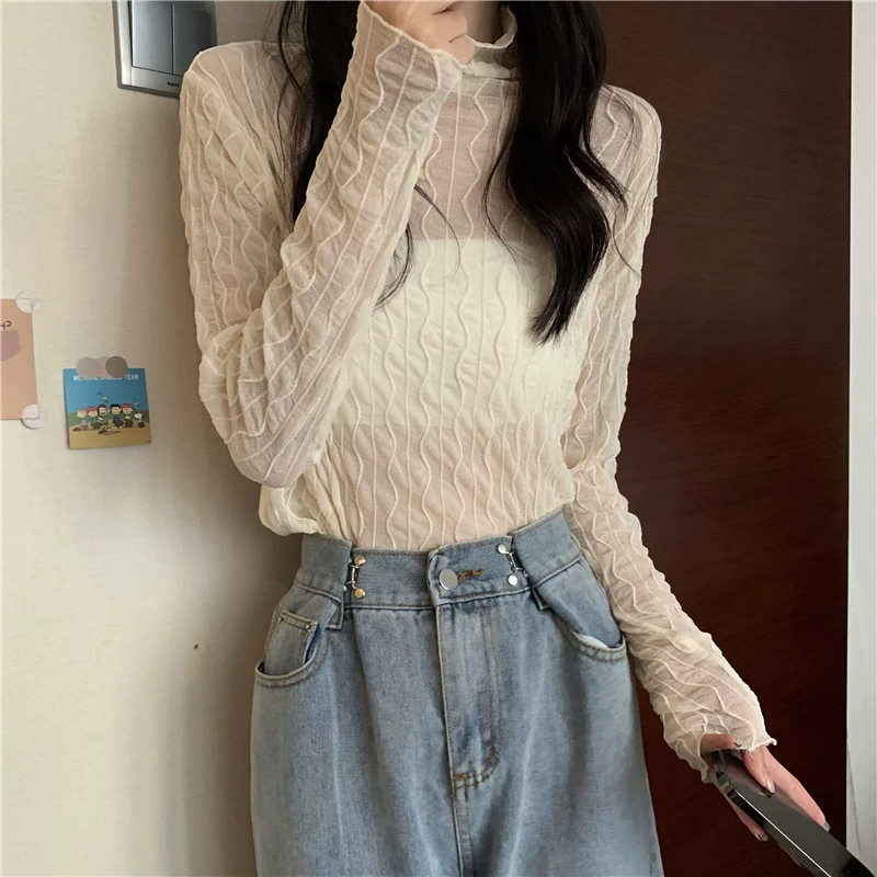 Рубашка с кружевным низом, женский пуловер на осень и зиму, новый стиль, внутренняя полуводолазка, сетчатый прозрачный топ с длинными рукавами и вырезами