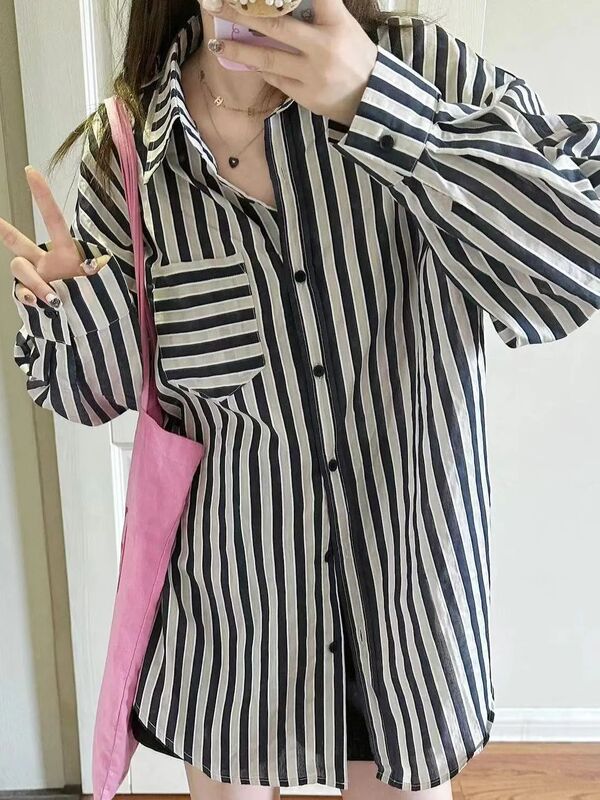宽松外套休闲衬衣黑白条纹衬衫女慵懒风小个子春秋防晒长袖上衣|undefined
