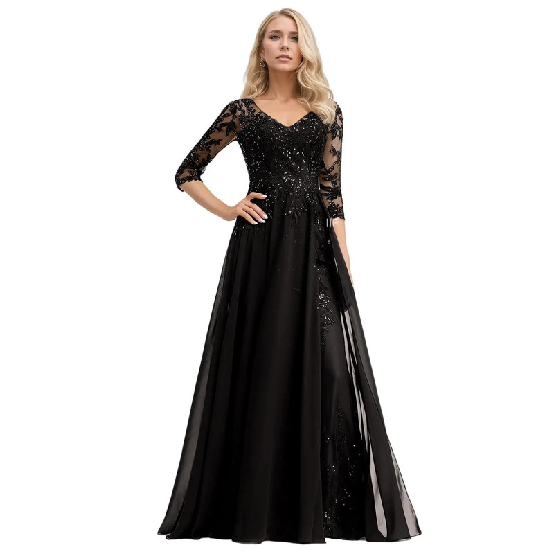 European and American ins-style V-neck three-quarter sleeve lace sequin evening dress, chiffon long skirt, formal party dress supply European and American ins-style V-neck three-quarter sleeve lace sequin evening dress, chiffon long skirt, formal party dress supply