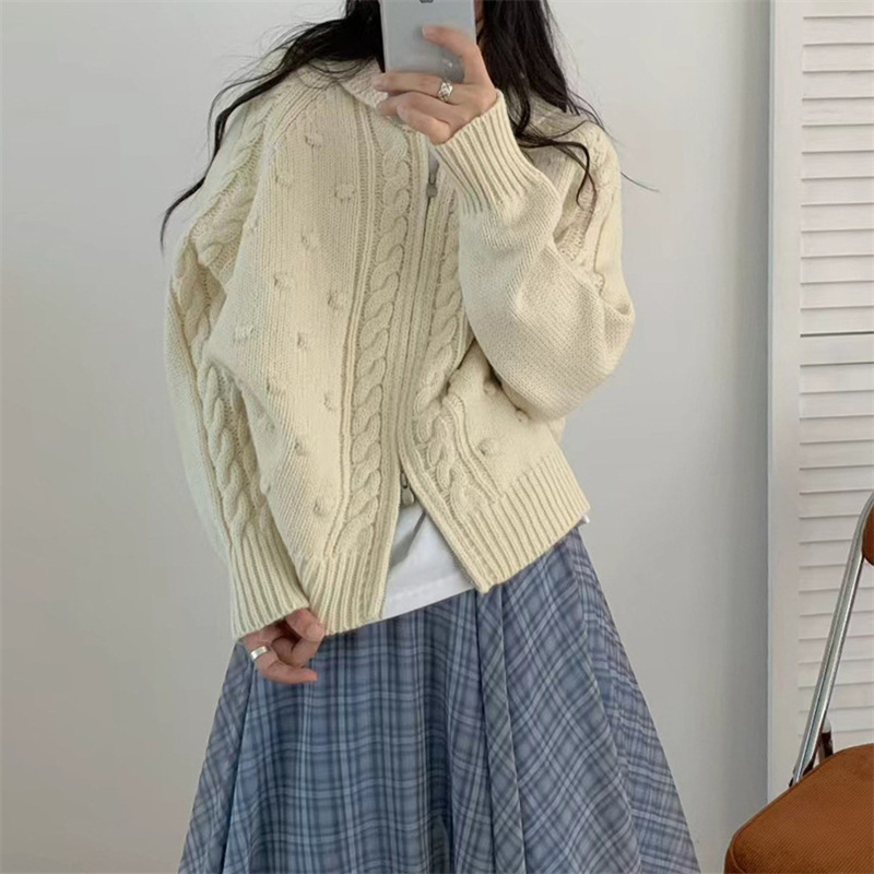 Korean-style solid color three-dimensional pom-pom navy collar knitted sweater jacket for women, winter thick loose zip-up cardigan top