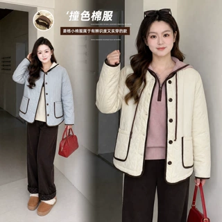 伊诺大码女装复古日系撞色保暖棉服2026冬文艺风休闲外套415573