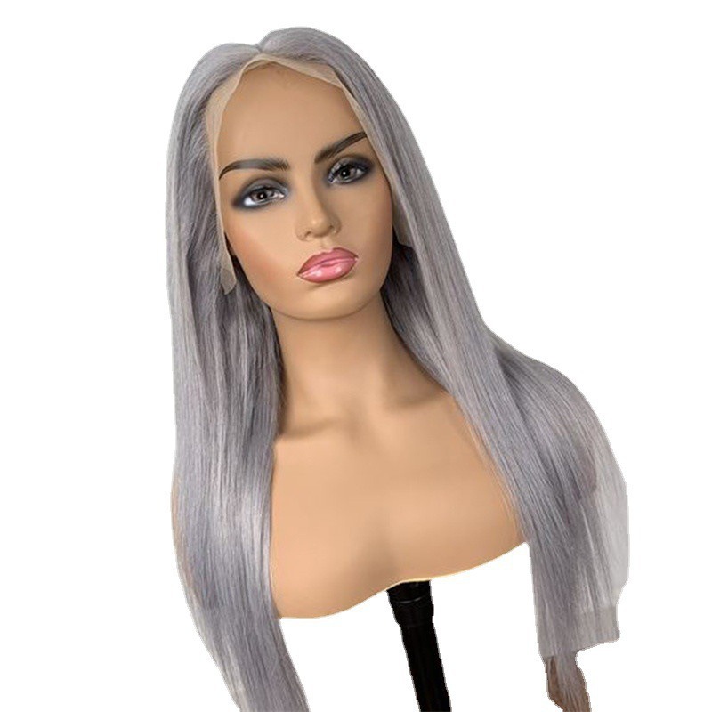 Amazon vende caliente transfronterizo peluca de encaje gris plateado y pelo largo recto, peluca de encaje, conjunto completo de fibra química, fabricante de venta directa al por mayor image 6