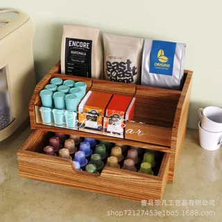 现货木质桌面收纳盒 茶包咖啡胶囊储物盒 厨房调味瓶整理盒带抽屉