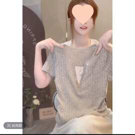 夏季新款假两件烫钻V领重工正肩T恤女显瘦遮肚上衣图片色欧美