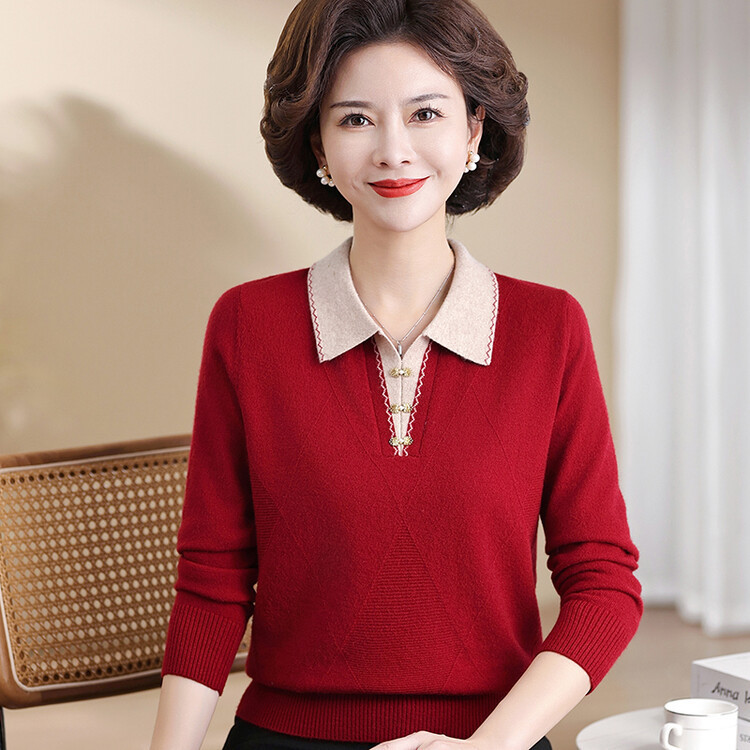 Mother's spring lapel wool sweater middle-aged women's long-sleeved T-shirt 50-year-old 60-year-old spring and autumn base shirt