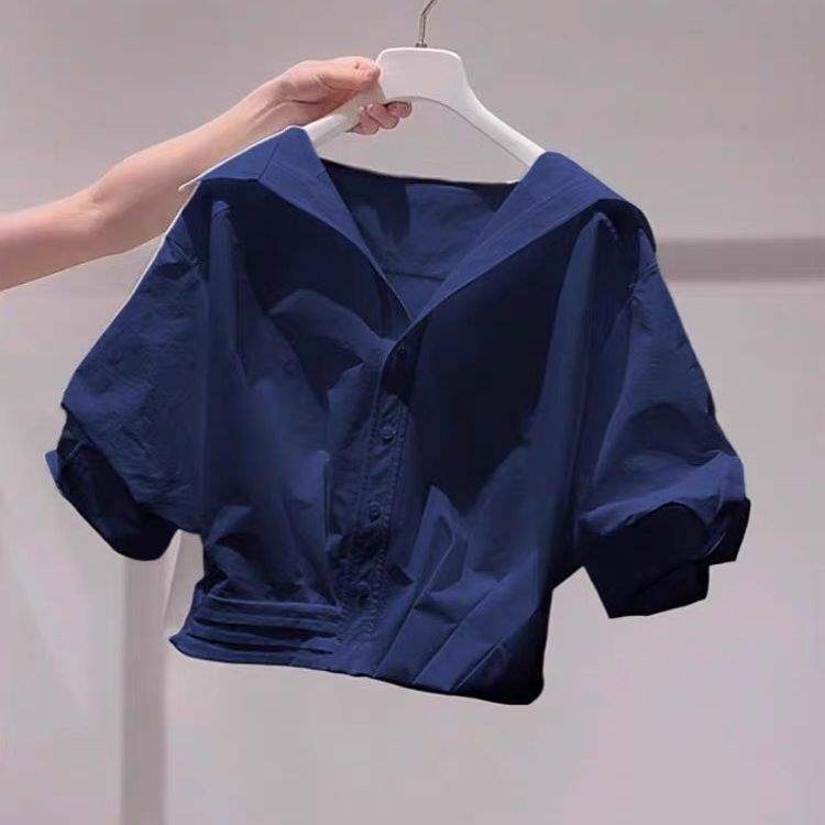法式白色翻领泡泡袖衬衫女夏季2025新款甜美减龄慵懒风短款上衣潮|undefined