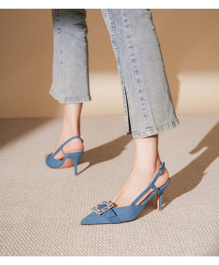 7755-3 Denim Blue Style Bag Open Toe Backless Sandals Thin Heel High Heels Elegant Commuting Professional_voghion.com