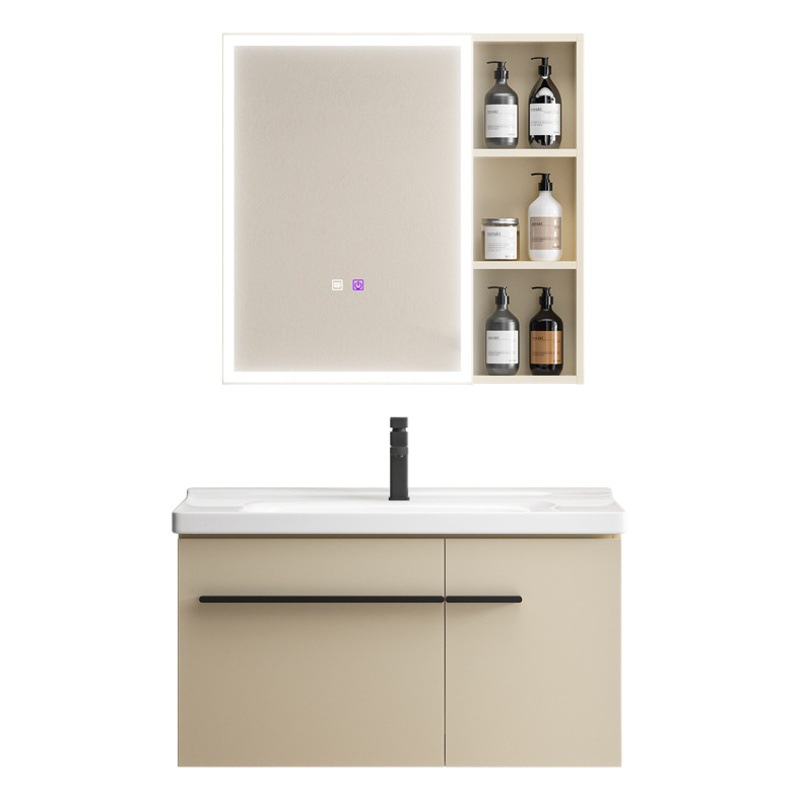 Crema estilo engrosada espacio de aluminio mueble de baño lavabo combinación baño lavabo de cerámica integrado espejo de belleza