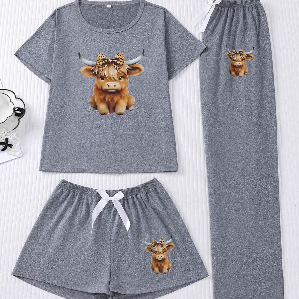 Cross-border European American New Style Cute Calf Print Short-sleeve Shorts And Long Pants 3-piece Set Comfortable_voghion.com