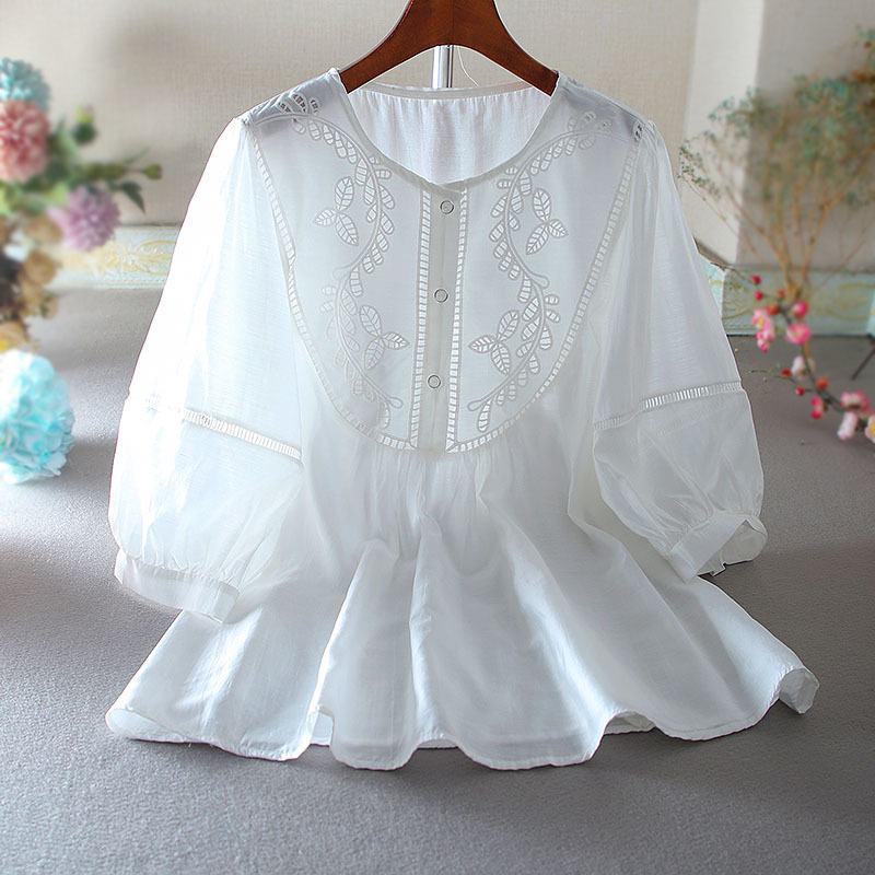 Elegant Socialite Style Design with Ruffled Edges, Loose Fit, Plus-Size, Mid-Length Satin-Like Hollow-Out Shirt Top