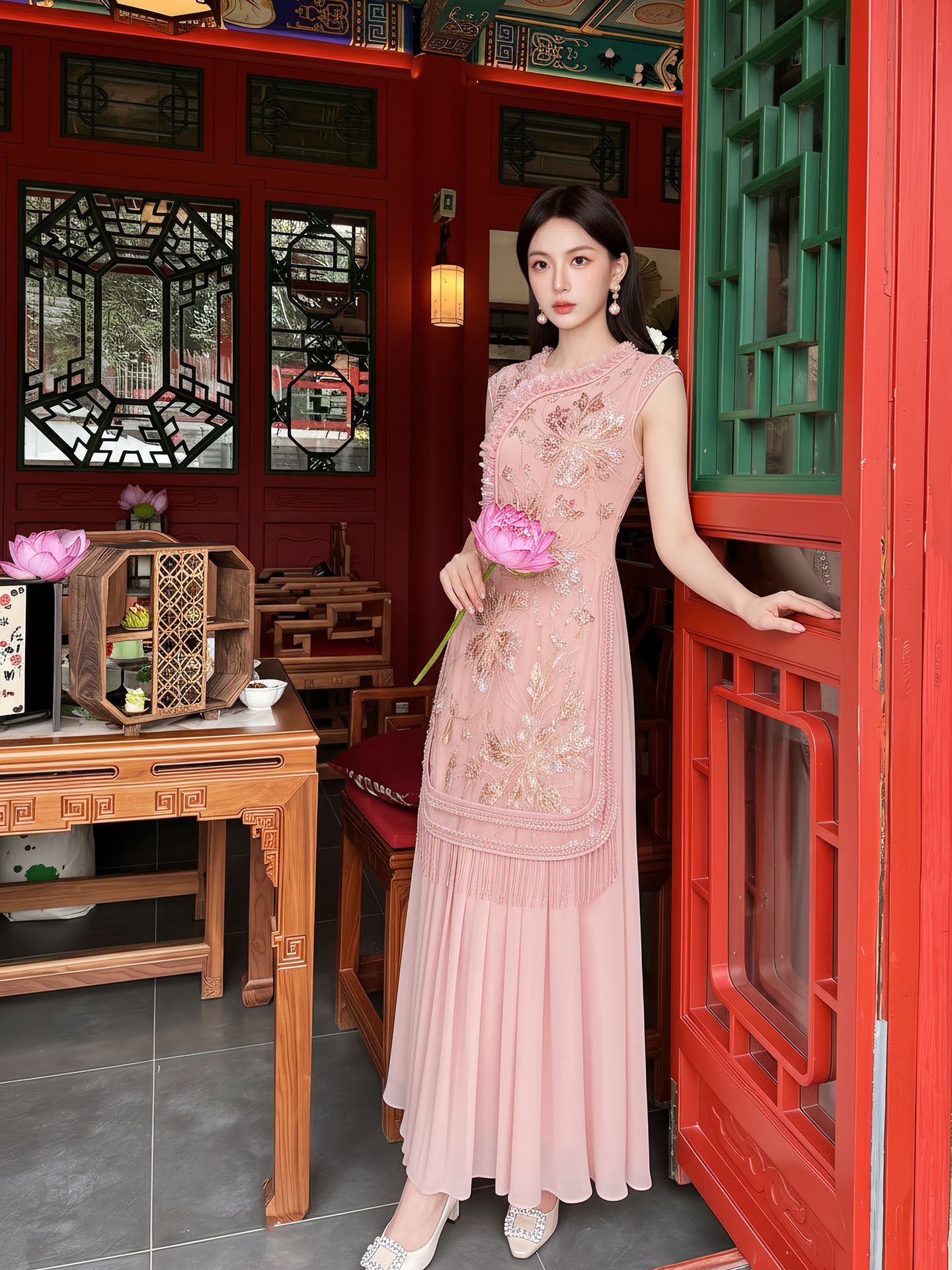 Đầm maxi nữ thắt eo thiết kế hoa nổi thêu ren cao cấp — màu hồng